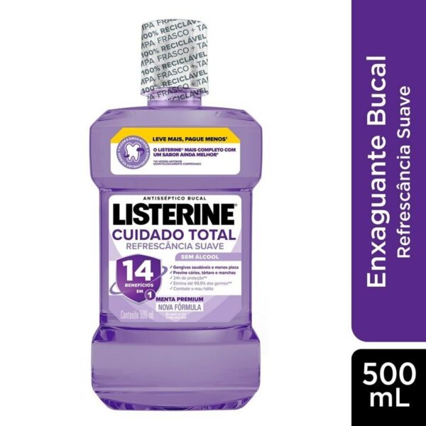 Enxaguante Antisséptico Bucal Listerine Cuidado Total Refrescância Suave 500ml