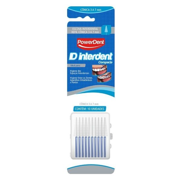 Refil Escova Interdental Powerdent Id Interdent Cônica 3 A 7mm Azul - 10 Unidades